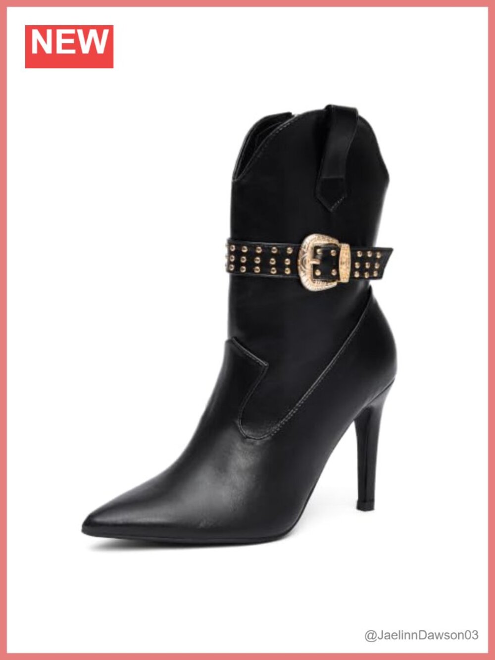 Women's Stiletto Heel Mid Calf Boots Studded Buckle Pointed Toe Side Zip Faux